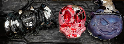 Box of three Chunky Halloween friends. Toasted marshmallows and a white chocolate ganache enrobed in white chocolate and edible coloured foil