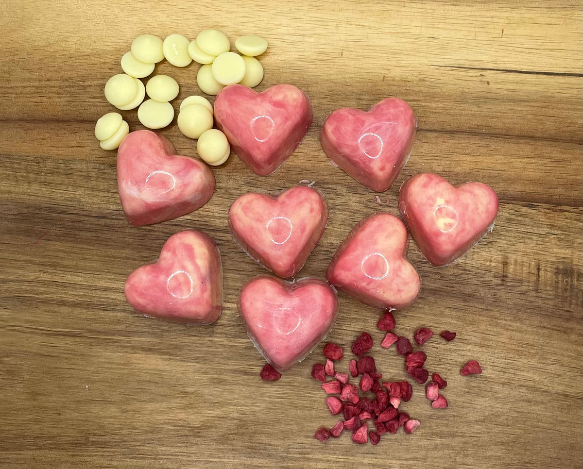 Raspberry & White Chocolate hearts box of four